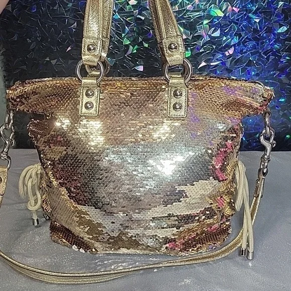 Coach RARE Y2k Vintage XL Gold Sequin 'Spotlight' Disco Purse 15383 - Picture 3 of 13